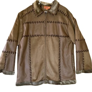 May include: A brown jacket featuring a full-length front zipper, a faux fur collar, and faux fur trim at the cuffs and hem. The jacket is constructed with panels joined by dark brown decorative whipstitching and includes an orange brand label.