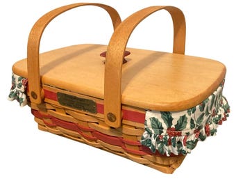 Longaberger 1996 Holiday Cheer Christmas Basket with Handles Lid and Liners