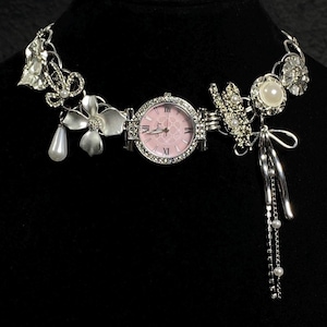 Elegant Pink Watch Choker Necklace, Flower Button Silver Chain Choker, Y2K Jewelry, Grunge Necklace, Bow Charm Tassel Pendant Choker Jewelry