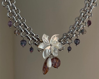 Colar vintage com pingente de flor e corrente grossa, estilo punk retrô com contas, joia moderna ajustável dos anos 2000, presente perfeito e exclusivo para ela.
