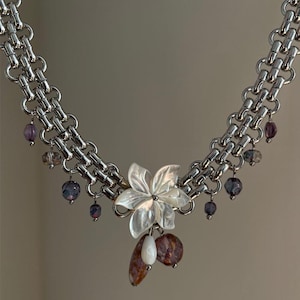 Vintage Flower Pendant Chunky Chain Necklace，Punk Retro Beads Choker Necklace, Y2K Adjustable Trendy Jewelry，Perfect Unique Gift for Her