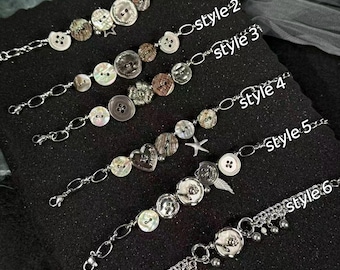 Pulsera con dije de estrella de plata punk, joyería gótica de eslabones, pulsera con dije grunge, pulsera con dije de botón Y2K, pulsera gótica de eslabones.