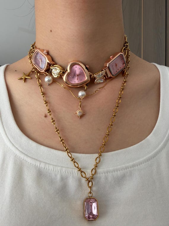 Royal Style Pink Heart Watch Choker Necklace,Gorgeous Multi-Layer Stacked Necklace,Edgy Clock Jewelry,Pearl Watch Choker, 90s Jewelry Gift