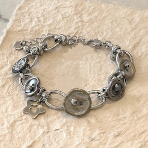 Y2K sliver chain bracelet,punk star charm bracelet,grunge button charm bracelet,cute silver chain bracelet gift,unisex star pendant bracelet