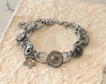 Pulsera de cadena plateada Y2K, pulsera con dije de estrella punk, pulsera con dije de botón grunge, bonito regalo de pulsera de cadena de plata, pulsera con colgante de estrella unisex