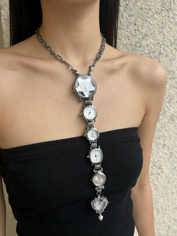 Punk silver watch tie,gold snake head watch tie, edgy watch necktie,grunge watch jewelry,gothic silver clock tie accessory,90s jewelry gift