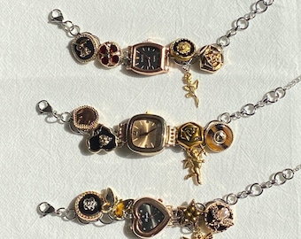 Vintage Gold Uhr Armband, Knopf Charms Armband & Choker, Armbanduhr Geschenk für Frauen, Y2K Silber Ketten Uhr Armband, Luxuriöse Gold Uhr
