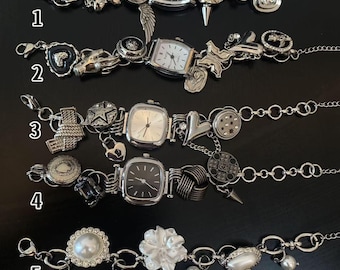 Punk Black&White Dial Watch Charm Bracelet,Vintage Silver Wrist Watch,Gothic Wrist Bracelet,Stainless Steel Chain Bracelet,Y2K Watch Gift