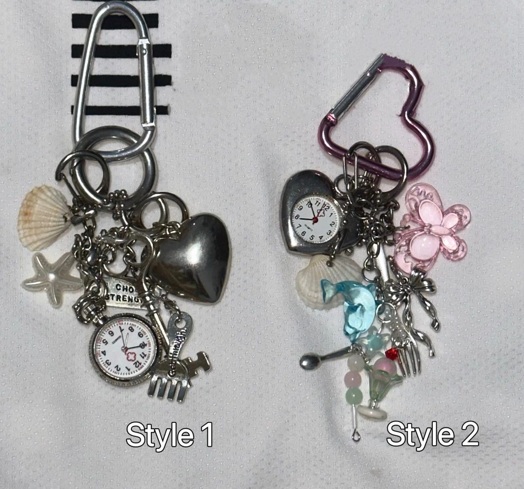 Y2K Multi Pendant Silver Watch Keychain, Pink Butterfly, Shell, Cute ...