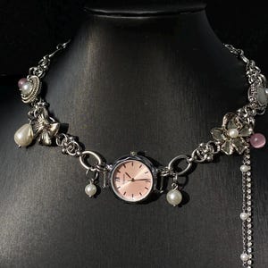 Punk Studded Pink Watch Choker Necklace, Silver Chain Choker, Pearl Watch Choker, Y2K Silver Heart Choker, Grunge Pink Clock Necklace Gift