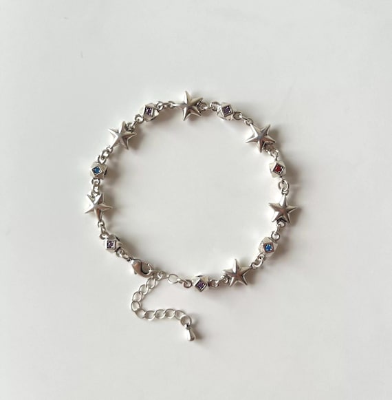 Punk silver star charm bracelet,beaded star bracelet,colorful zircon bracelet,90s jewelry gift,Y2K star jewelry,gothic silver chain bracelet
