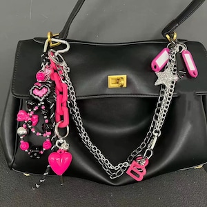 Y2K pink heart bow chain bag, silver chain bag pendant, pink beaded keychain, Y2K pants chain,Barbie pink bag decoration chain, gift for her