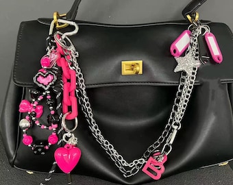 Y2K rosa Herz Bogen Kettentasche, Silberkette Taschenanhänger, rosa Perlen Schlüsselanhänger, Y2K Hosenkette, Rosa Tasche Dekorationskette, Geschenk für Sie