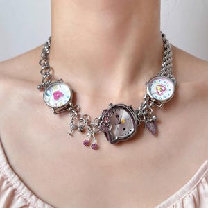 Y2K Cute Watch Choker Necklace, Cheery Charm Silver Chain Choker, Y2K Clock Jewelry, Grunge Watch Necklace, 90&#39;s Necklace Gift Idea.