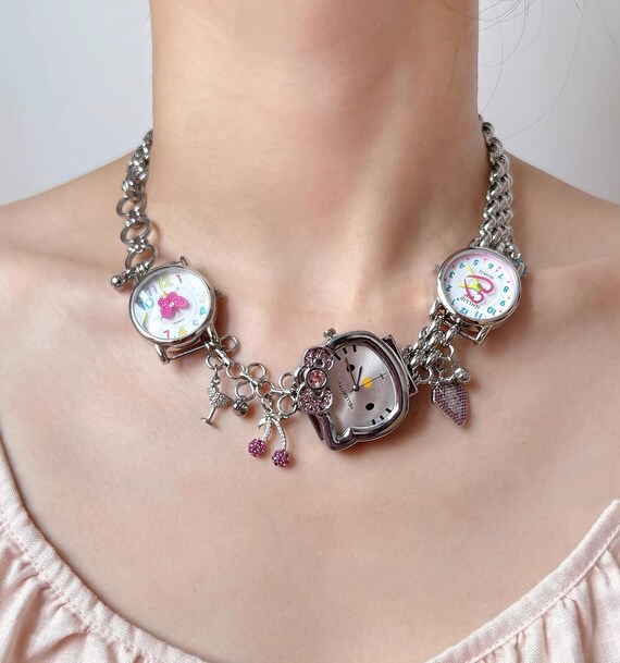 Y2K Cute Watch Choker Necklace, Cheery Charm Silver Chain Choker, Y2K Clock Jewelry, Grunge Watch Necklace, 90's Necklace Gift Idea.