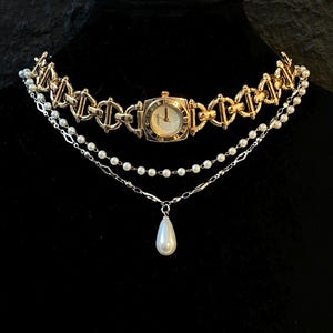 Elegant Retro Choker Necklace, Silver Chain Choker, Pearl Watch Necklace, Minimalist Elegant Gold and Silver Watch, Unisex Jewelry Set Gift.