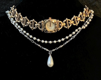 Elegante collar gargantilla retro, gargantilla de cadena de plata, collar de reloj de perlas, reloj minimalista elegante de oro y plata, regalo de conjunto de joyería unisex.