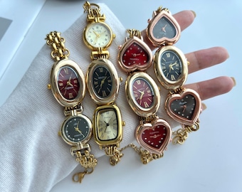 Punk Black and Gold Watch Bracelet, Grunge Multi-Watch Bracelet, Gothic Red Heart Dial Vintage Wrist Watch, Y2K Unisex Statement Watch Gift