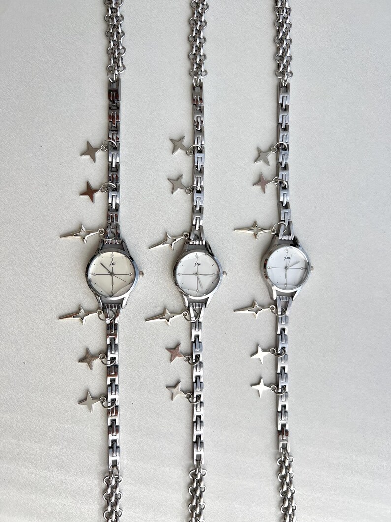 Elegante minimalistische zilveren horlogeketting, zilveren sterbedelketting, zilveren kettingchoker, Y2K zilveren kloksieraden, uniseks horlogesieraden. afbeelding 4