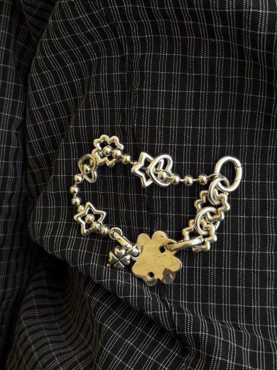 Punk Silver Star & Four Leaf Clover Charm Bracelet, Y2K Titanium Wrist Jewelry, Vintage 90s Bracelet Gift,Chunky Silver Chain Bracelet