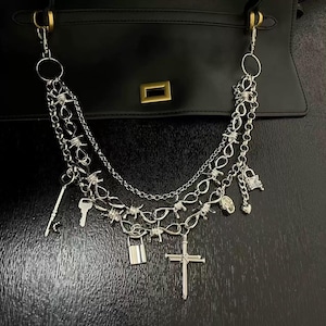 Punk Chunky Silver Bag Chain&Pants Chain,Gothic Cross Purse Clip,Layered Waist Chain, Key Charm Bag Chain,Grunge Bag Accessory,Y2K Accessory