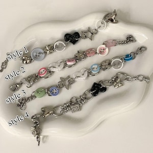 Y2K star charm sliver chain bracelet,star,heart button beaded bracelet,grunge accessory,cute charm bracelet,unisex silver chain jewelry gift