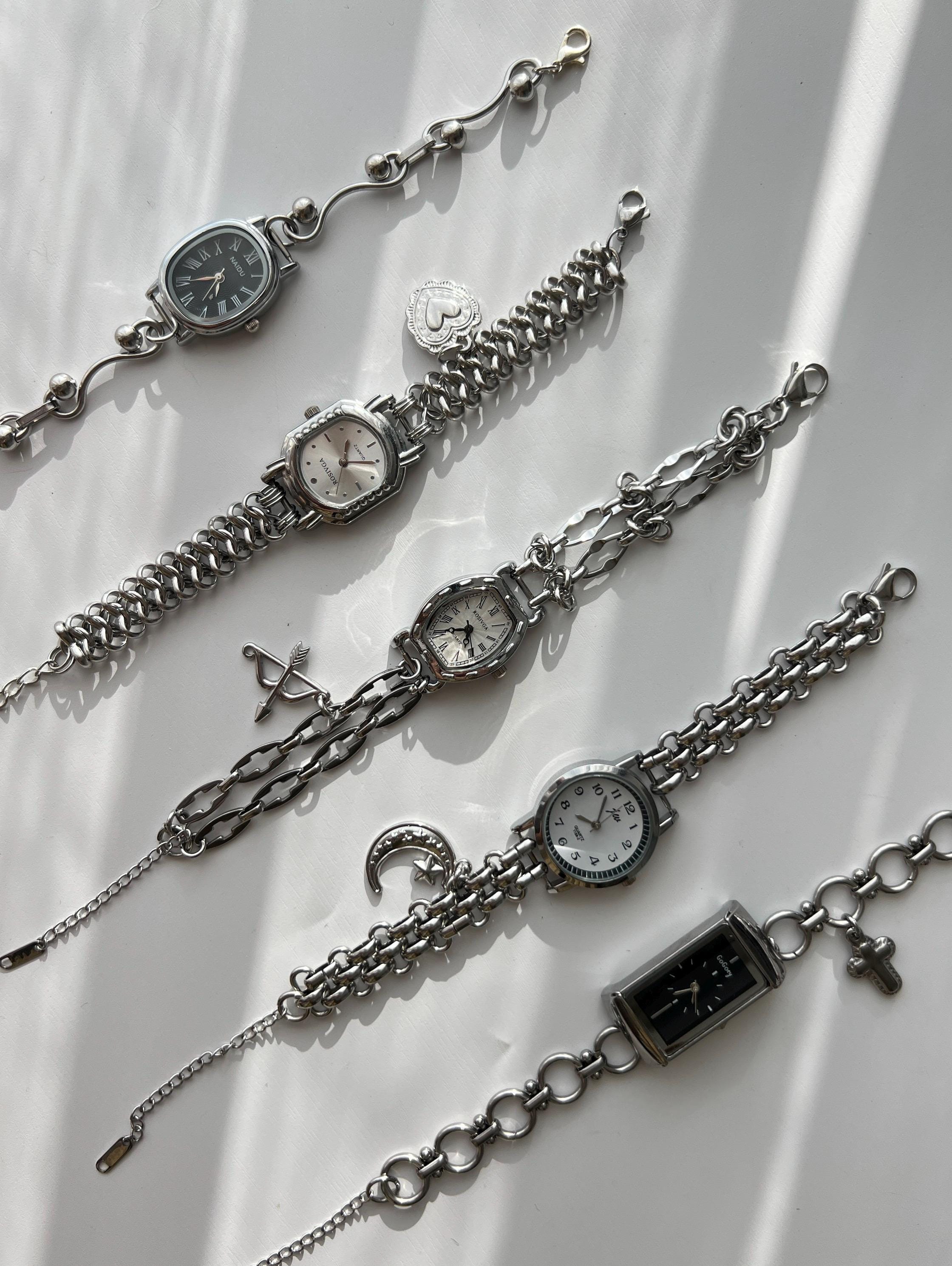 Punk Silver Wrist Watch,black&white Y2k Clock Bracelet,y2k Charms