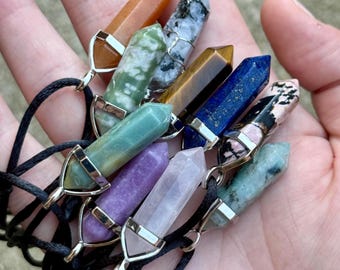 Real Gemstone Pendant Necklace- Single pendant, adjustable, nylon cord, crystals