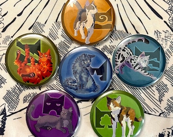 Warrior Cat Clan Button Badges Pin Set - Hand Drawn, Handmade, No AI, For Jackets and Backpacks, set of 6 pins