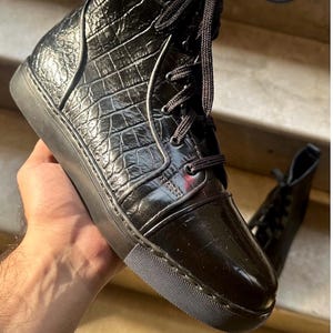 Handmade Black Croc-Embossed Leather High-Top Sneakers image 1