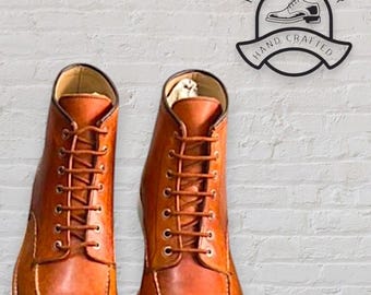 Stivali con punta Moc in pelle pieno fiore fatti a mano - Stivaletti da lavoro vintage, con cucitura Goodyear per uomo