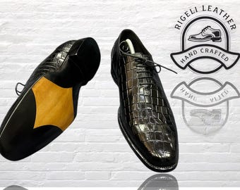 Handmade Croc‑Embossed Oxford – Black Leather | Goodyear Welt Dress Shoes Men | US 6‑16