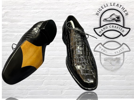 Handmade Croc‑Embossed Oxford – Black Leather | Goodyear Welt Dress Shoes Men | US 6‑16