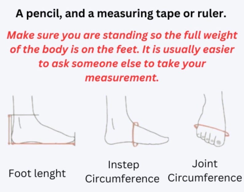Pu&ograve; includere: Diagramma che illustra come misurare la lunghezza del piede, la circonferenza del collo del piede e la circonferenza dell'articolazione. Il testo consiglia di stare in piedi per misurazioni accurate e di chiedere aiuto. Include una matita e un metro a nastro.
