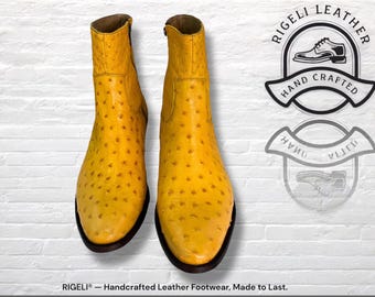 Stivali in pelle di struzzo giallo, cerniera laterale in pelle di vacchetta fatta a mano