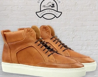 Tan Leather High-Top Sneakers – Handmade Luxury Men’s Casual Shoes – Custom Full-Grain Sneaker Boots