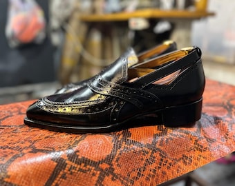 Handmade Black Leather Brogue Loafers – Wingtip Slip-On Shoes for Men, Wedding & Business Formal Footwear