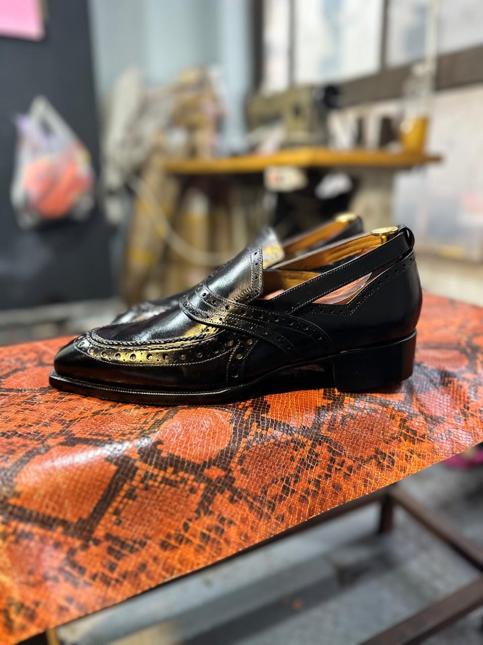 Handmade Black Leather Brogue Loafers with Cutout Detail