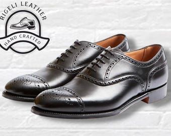 Handmade Black Calf Leather Oxford Shoes – Men’s Semi-Brogue Dress Shoes