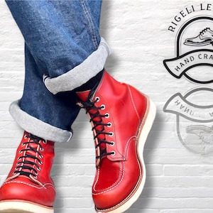 Handmade Red Leather Lace-Up Boots | Men's Work Boots, White Sole