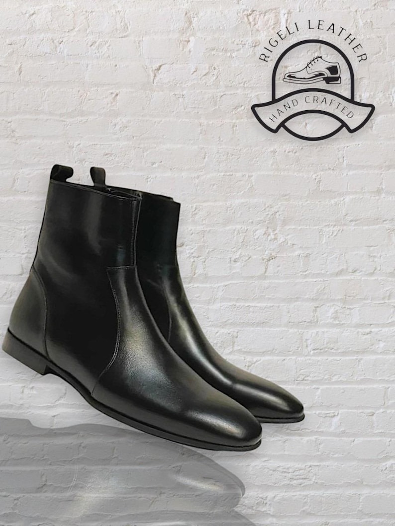 Herren handgefertigte schwarze Leder Ankle Boots - Reißverschluss-Chelschel-Stiefel - Handgefertigte Luxusschuhe Bild 3