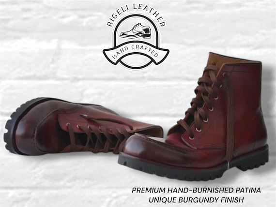 Rigeli Handmade Burgundy Combat Boots Men, Goodyear Welted Boots, Full Grain Leather Boots, Rugged Lug Sole Work Boots