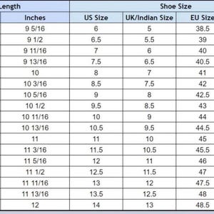 Pu&ograve; includere: Tabella di conversione delle taglie di scarpe con misure in centimetri e pollici. Include taglie US, UK/Indian, EU e CM/JP. Ad esempio, una taglia US 6 corrisponde a 23,7 cm.