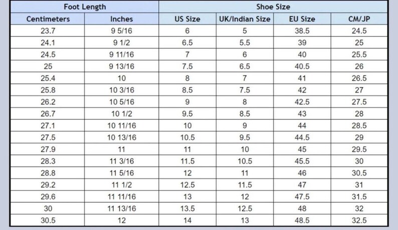 Pu&ograve; includere: Tabella di conversione delle taglie di scarpe con misure in centimetri e pollici. Include taglie US, UK/Indian, EU e CM/JP. Ad esempio, una taglia US 6 corrisponde a 23,7 cm.