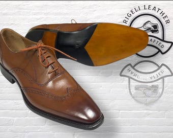 Handgemaakte bruine leren wingtip Oxford schoenen voor heren | Volnerflederen geklede schoenen | Goodyear Welt of Blake Stitch | Op maat gemaakt door Rigeli