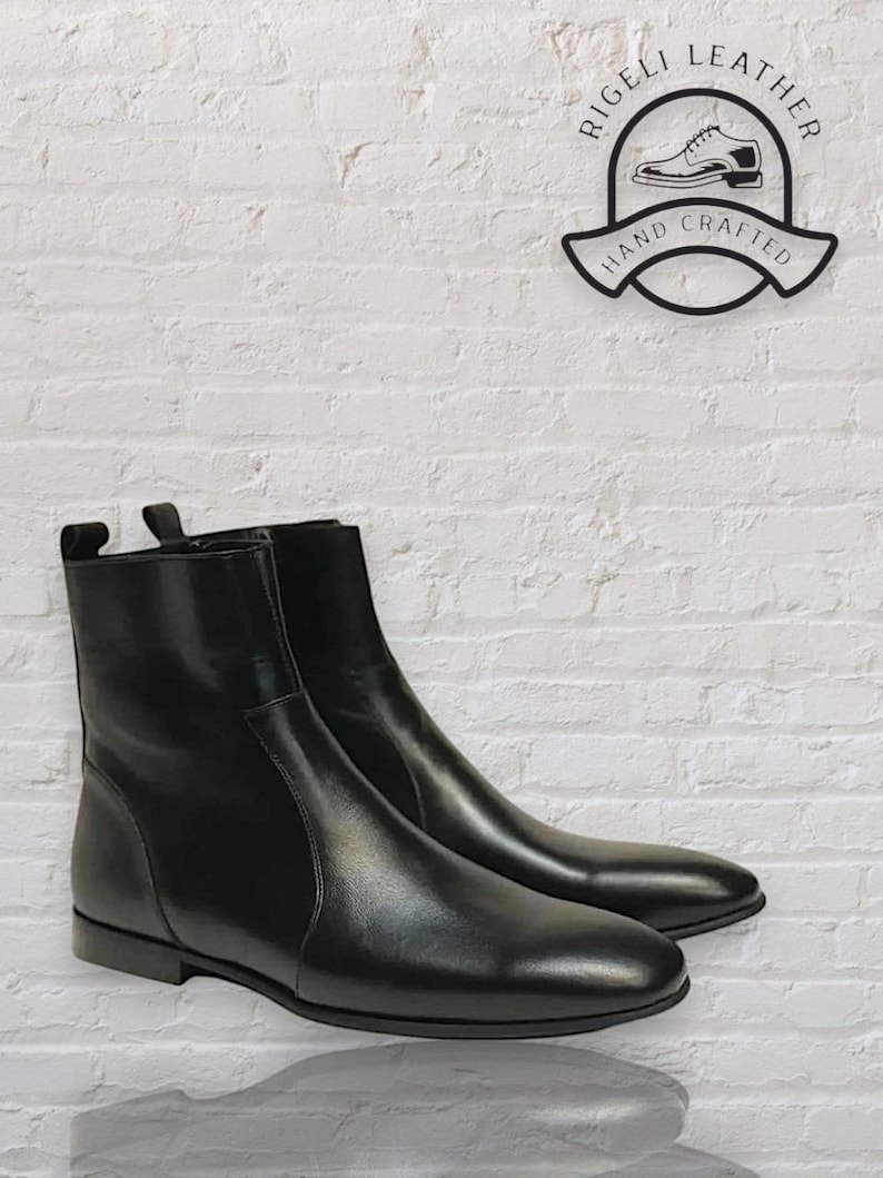 Herren handgefertigte schwarze Leder Ankle Boots - Reißverschluss-Chelschel-Stiefel - Handgefertigte Luxusschuhe Bild 4