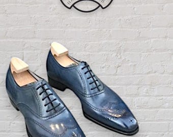 Handcrafted Blue Italian Leather Oxford Shoes: Wingtip Brogue