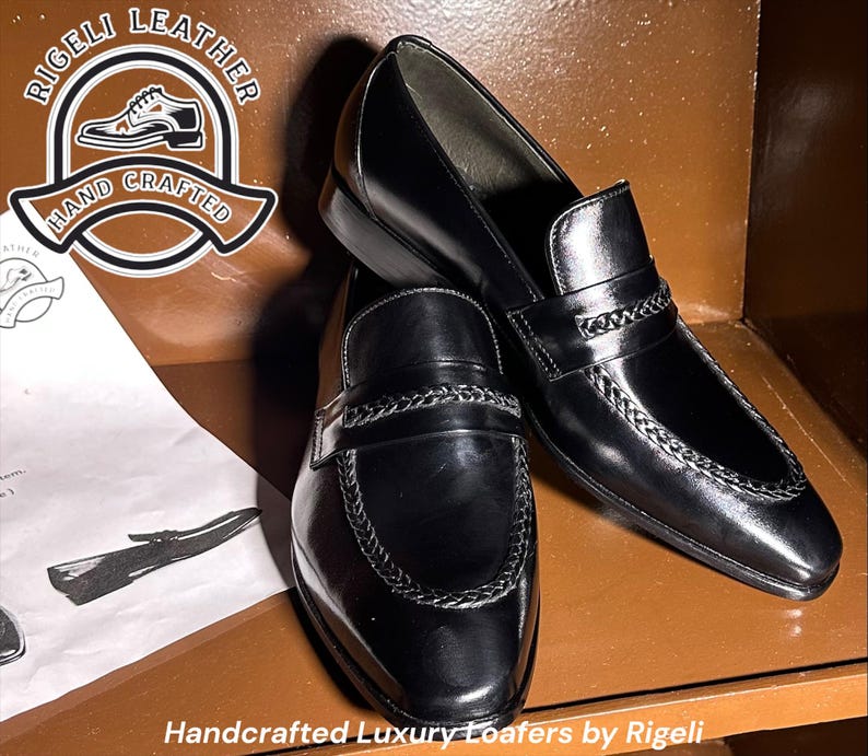 Svarta herrloafers i läder | Handgjorda finskor i fullnarvat läder (anpassad) bild 3