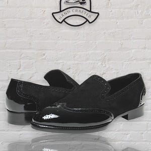 Handmade Black Suede & Patent Leather Loafers: Men&#39;s Wingtip Dress Shoes