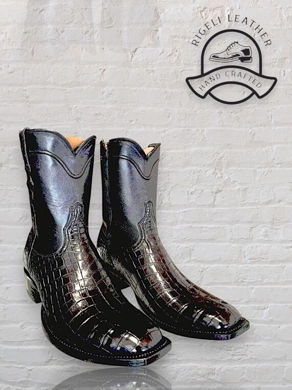 Handmade Black Crocodile Embossed Cowboy Boots: Men display picture 1